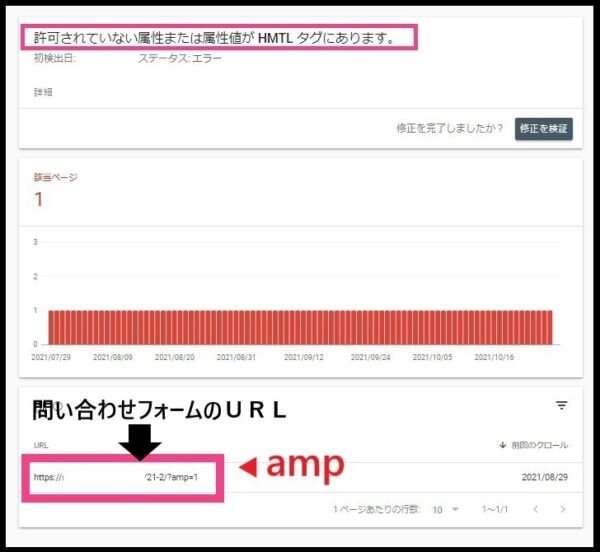 サーチコンソールのＡＭＰエラー検証の結果画面